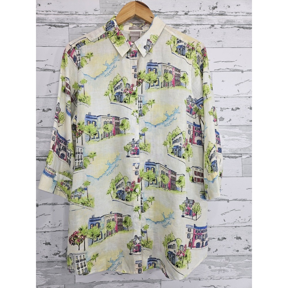 Chicos No Iron Linen Atlantic Novelty City Art Print Shirt Womens 2 Large